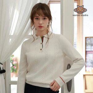 [본보스튜디오]여성 넥라인 배색 소매라인 컬러포인트 입체패턴 카라니트