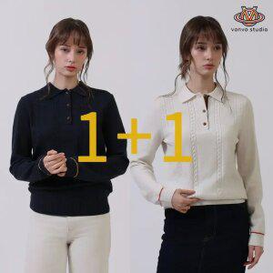 (1+1)[본보스튜디오]여성 넥라인 배색 소매라인 컬러포인트 입체패턴 카라니트