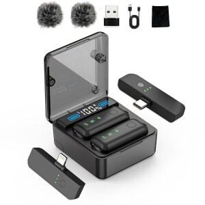 [미국배송] 36H 충전 케이스가 있는 EVINYEP 무선 라발리에 마이크 아이폰호환 안드로이드 PC용 미니 라펠 플러그 앤 플레이 USBC/라이트닝 팟캐스트 라이브 스트리밍 녹음을 위한 165FT 범위