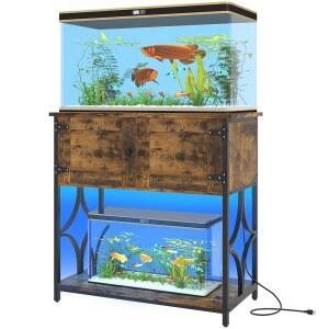 전원 콘센트와 LED 조명이 있는 UVANIOHOM 20-29 갤런 수족관 스탠드 330LBS 용량 금속 프레임 어항 파충류 수조용 캐비닛 액세서리 수납 30.7인치 L 15.7인치 W 테이블탑 블랙