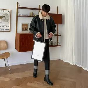 남성 겨울용 양털안감 퍼칼라 가죽자켓 무스탕 겨울아우터