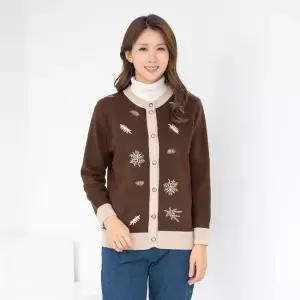 엄마옷 라운드 배색 나뭇잎 니트가디건 1GHJ24610 중년여성 마담 60 70대  빅사이즈 할머니