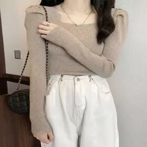 3컬러 신축성 좋은 부드러운 골지 스퀘어넥 가을 니트 긴팔티