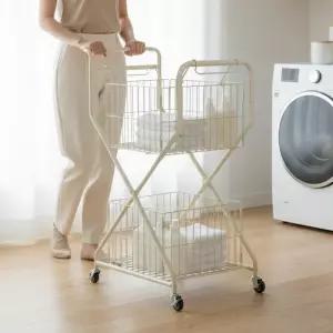 [신제품] 이동식 대용량 2단 빨래바구니 빨래 세탁 트롤리 카트 빨래통 햄퍼
