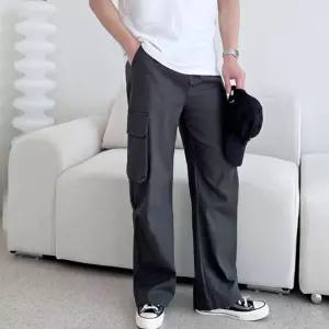 주머니 남자 세미 와이드 카고 밴딩 바지 일자 베이지면 통 고무줄