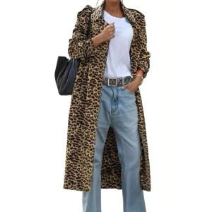 초야토우 여성 레오파드 프린트 인조 스웨이드 코트 오픈 프론트 노치 라펠 미디 롱 윈터 트렌치코트