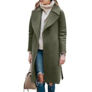 BZB 여성 트렌치코트 롱 울 블렌드 완두콩 코트 겨울 캐주얼 오버코트 노치 라펠 칼라 벨트 재킷 아우터