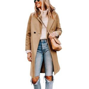 태닝 여성용 노치 라펠 더블 가슴 울 블렌드 미드 롱 피 트렌치코트