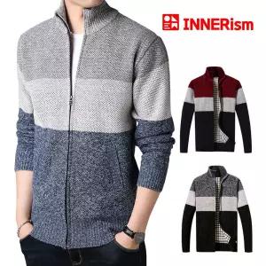 남성 겨울 이너자켓 체크기모 배색 집업가디건