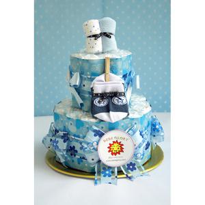 백일선물/100일선물-기저귀케이크2단 베베블루 남아용 3단계 백일이후용 기저귀28개+양말+손수건 완성품