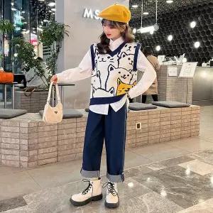 [삐삐네옷가게] 여아 주니어 고양이조끼 니트 봄 가을 셔츠 레이어드 2종 세트