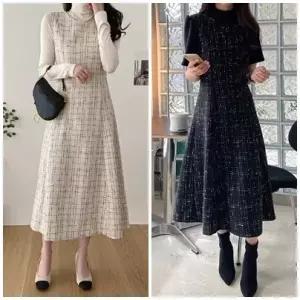 여자 봄 가을 겨울 트위드 라운드 플레어 민소매 나시 롱원피스 모임룩 하객룩 오피스룩 결혼식