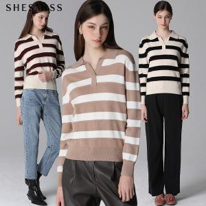 [쉬즈미스(SHESMISS)] 울 오픈 카라넥 스트라이프 니트
