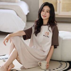 스타일아유 여성용 반팔 면 잠옷 카툰 프린트 배색 수면 원피스 홈웨어 OP2211-2214