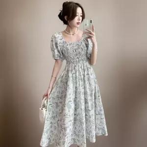 여성용 꽃무늬 퍼프 슬리브 스모크 반팔 롱 드레스