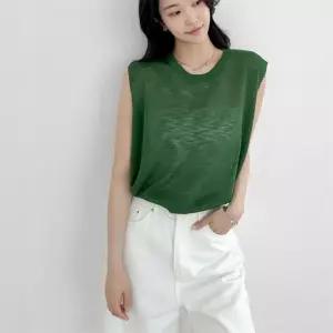 여자 시스루 여름 린넨 라운드넥 무지 커버업 조끼