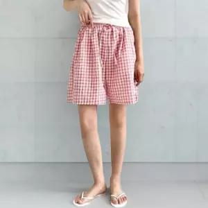 여성용 일상 체크 면혼합 잠옷 반바지 밴딩 4부 팬츠