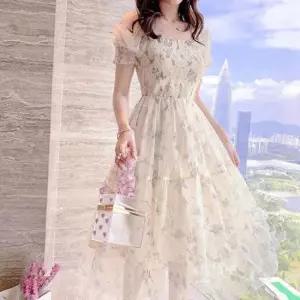 쉬폰 키밍 여름 쉬폰 꽃무늬 원피스 반팔 롱 여성 치마