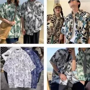 루즈한 비치반팔티셔츠 데일리 하와이안셔츠 커플룩