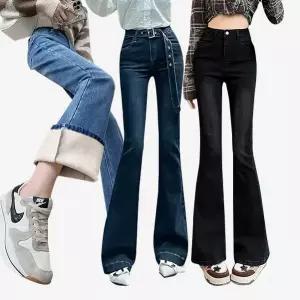 여성청바지 부츠컷 나팔바지 겨울 융 기모 스판 데님팬츠 여성 빅사이즈 와이드 통바지