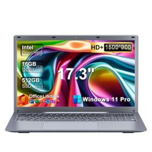 17.3인치 HD+ 노트북 컴퓨터, 16GB RAM 512GB SSD, 인텔 셀러론 N5095(최대 2.9GHz), Wi-Fi, HDMI, 웹캠, 백라이트 키보드, 지문, Windows 11 Pro + 학생 및 비즈니스를 위한 MS 오피스, 그레이