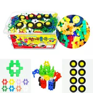 뉴꼬마천재블록 사각 십자 와플블럭 끼우기 쌓기 조립놀이 어린이 바퀴포함 (568pcs)