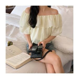 오프숄더 투웨이 쉬폰 블라우스 퍼프 밴딩 여성 반팔 티셔츠