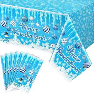 Tenceur 6피스 겨울 원더랜드 식탁보 137.2 x 274.3cm(54 108인치) 플라스틱 눈송이 테이블 커버 일회용 블루 크리스마스 휴일 새해 생일 파티 용품 장식