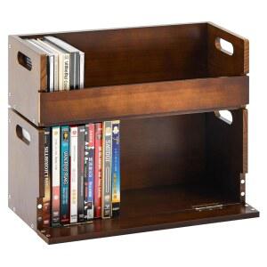 크로블리스풀 2세트 나무 DVD 및 CD 보관함 카세트 테이프 디스플레이 스탠드 홀더 랙 휴대용 손잡이 영화 케이스용 정리 선반 각 선반은 최대 36장의 CD와 26장의 DVD를 보관할 수 있습니다 브라운