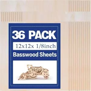 36팩 배스우드 시트 12 x12 x1 /8 커팅용 3mm 공예용 얇은 합판 보드 미완성 목재 DIY 건축 모델 제작 조각