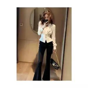 여자 정장세트 벨벳 블라우스에 블랙 나팔바지 투피스 가을 겨울 럭셔리 예쁜 오버핏 슬림핏 룩 BE4