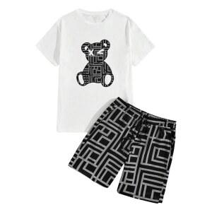 VIPWOLF 남성용 2피스 운동복 세트 반팔 카툰 베어 그래픽 티와 카모 반바지 체육복