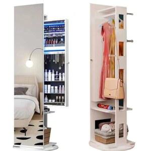360 회전형 솔리드 우드 코트 랙 및 전신 거울, 주얼리 캐비닛, 거실 침실 수납 솔루션을 위한 대용량 3-in-1 아무어