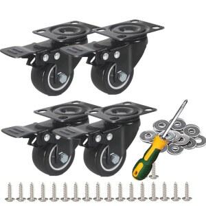 [미국배송] 나사 및 도구가 있는 2.5인치 캐스터 4개 브레이크가 회전 잠금 소음 없는 카트용 폴리우레탄 바퀴 가구용 블랙 4PC