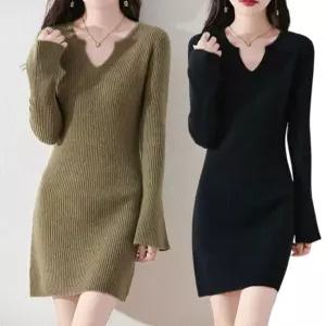 ETN 미엘리 V넥 골지 니트 원피스 미니 치마 스커트 겨울 가을 여성 하객룩