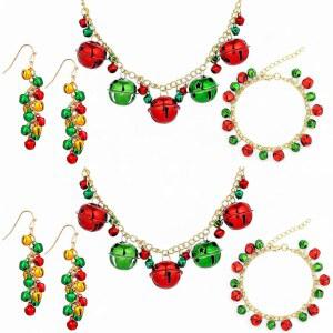 퀸레이 여성용 크리스마스 벨 주얼리 세트 레드 그린 골드 징글벨 목걸이, 댕글 귀걸이, 결혼식 신부 선물용 팔찌 8개