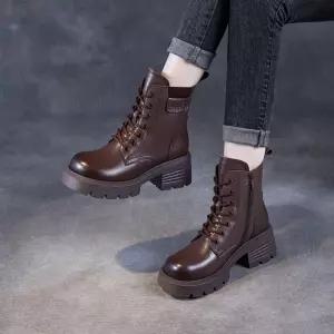 여성 신발 워커힐 슈즈 가죽 통굽 워커 추동 싱글 부츠 기모 스트랩 앵클 MF4