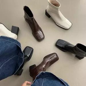 여자 신발 워커힐 통굽 스퀘어 앵클부츠 추동 부츠 워커 미니멀 슬림 유행4