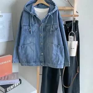 여성 빈티지 워싱 포켓 후드 스트링 청 데님 자켓