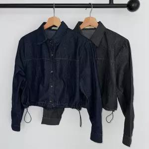 여자 크롭 스트링 카라넥 퍼프 스티치 가을 데님 자켓