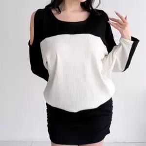 여성 투톤 배색 어깨트임 골지 셔링 긴팔 미니 원피스