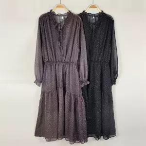 여자 가을하객룩 시스루 쉬폰 리본 캉캉 도트 롱원피스