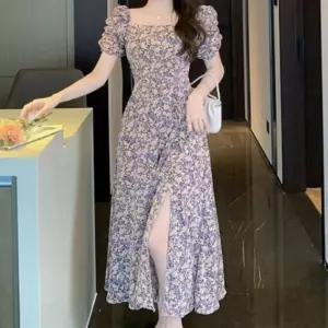 여자 러블리 꽃무늬 벌룬소매 트임 반팔 롱 원피스