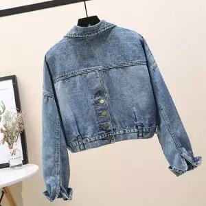 여성 힙무드 백버튼 크롭 루즈핏 청 데님 자켓