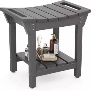 LAHAAP 방수 샤워 벤치 다리 면도용 폴리 목재 스툴 수납 선반과 손잡이가 있는 의자 시트 내부 샤워용