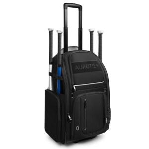 바퀴 달린 AUROTIER 롤링 야구 가방, 대형 올터레인 휠드 소프트볼 4개의 배트, 신발 수납 공간이 있는 방수 롤러 백팩, 선수와 코치를 위한 펜스 후크 포함