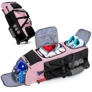 고부로스 롤링 야구 가방, 4 배트용 바퀴 달린 소프트볼 장비 신발장과 장갑 포켓, 후크 대형 포수 기어 핑크색