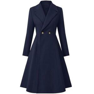 샤인 여성 겨울 더블 가슴 트렌치코트 노치 라펠 칼라 울 블렌드 완두콩 코트 스윙 A 라인 롱 오버코트