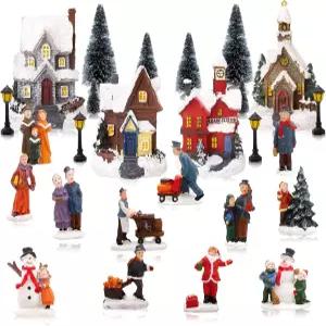 샤이도지오 27개 크리스마스 마을 세트 피규어가 있는 LED 조명 주택 미니어처 레진 타운 씬 액세서리 수집