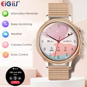 여성용 EIGIIS 스마트 워치 통화 기능 피트니스 트래커 100개 이상의 스포츠 모드 심박수 수면 모니터 만보